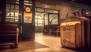 Waiting for the journey, luggage in hand, at the station generated by AI photo