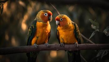 The multi colored macaw perches on a branch in the rainforest generated by AI photo