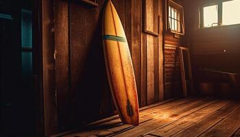 rústico tabla de surf se inclina en contra antiguo tablón en abandonado náutico choza generado por ai foto