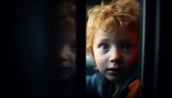 A cute blond toddler stares sadly through the window, alone generated by AI photo