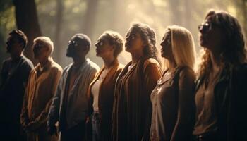 A large group of cheerful adults walking in nature together generated by AI photo