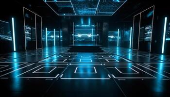 In a futuristic corridor, glowing blue network servers illuminate the empty room generated by AI photo