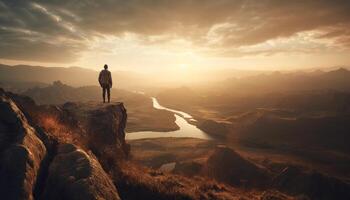 Standing on cliff, backpacker enjoys sunrise, success in exploration generated by AI photo