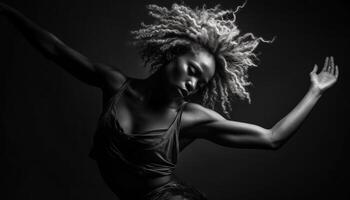 uno joven mujer, un bailarín, sonriente en un negro estudio generado por ai foto