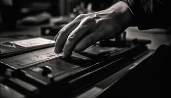 el pianista mano huelgas un acorde en el antiguo pasado de moda piano generado por ai foto