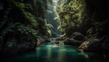 Two women paddling kayaks in the beautiful green outdoors generated by AI photo