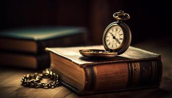 Antique pocket watch on old book, a timeless still life generated by AI photo