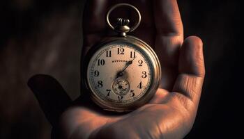 Businessman working against time, pocket watch a reminder of deadline generated by AI photo