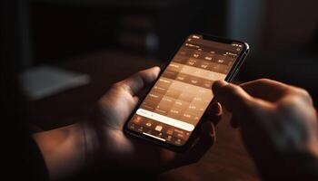 Businessman typing message on modern touch screen smart phone indoors generated by AI photo