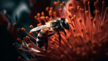 A bee pollinates a single yellow flower, collecting pollen generated by AI photo