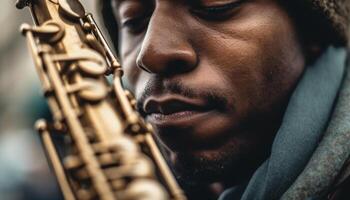 One man blowing brass instrument with elegance and concentration generated by AI photo