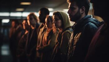 un grande grupo de joven adultos caminando juntos a noche generado por ai foto