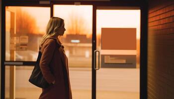 uno joven mujer, un mujer de negocios, en pie solo, esperando para transporte generado por ai foto