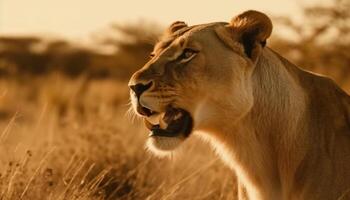 Majestic lioness roars in the wilderness, teeth bared in aggression generated by AI photo