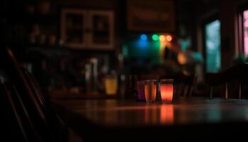 Club nocturno lujoso bar mostrador iluminado por desenfocado luz de una vela y Encendiendo equipo generado por ai foto