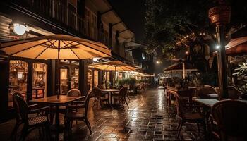 a el antiguo pasado de moda pub, turistas relajarse en de madera sillas al aire libre generado por ai foto