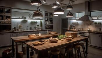 Modern luxury kitchen island with stainless steel appliances and granite countertops generated by AI photo