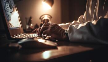 Busy businessman working late, using computer equipment and surfing data generated by AI photo
