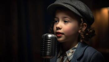 linda caucásico niña canto en etapa con micrófono, alegre actuación generado por ai foto