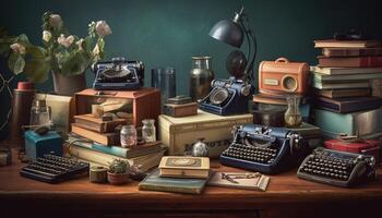 Antique typewriter on old desk, a writer nostalgia collection generated by AI photo