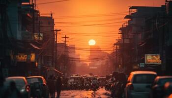 The vibrant city skyline illuminates the crowded streets at dusk generated by AI photo