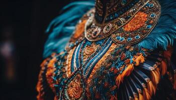 vibrante pavo real pluma agrega lujo a tradicional indio ropa al aire libre generado por ai foto