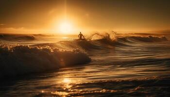 uno persona, retroiluminado silueta, surf olas a puesta de sol generado por ai foto