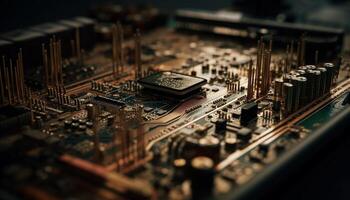 Complexity of the electronics industry shown in close up circuit board generated by AI photo