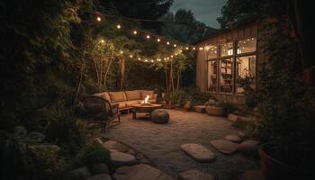 Comfortable chair illuminated by lantern in rustic living room decor generated by AI photo