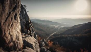 en pie encima montaña cima, conquistador adversidad con determinación y éxito generado por ai foto