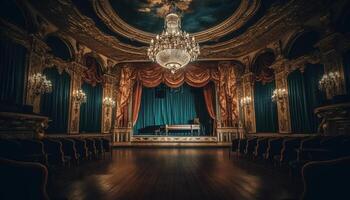 lujo barroco estilo teatro con iluminado altar, elegante sillones, y oro fondo de pantalla generado por ai foto