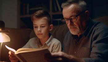 A grandfather and grandson bond over reading in living room generated by AI photo