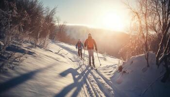dos adultos excursionismo en el Nevado bosque, disfrutando invierno aventuras generado por ai foto