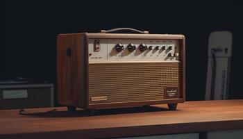 Obsolete analog stereo equipment with chrome knob and wooden table generated by AI photo