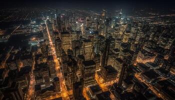 Modern city skyline glows with multi colored lights at dusk generated by AI photo