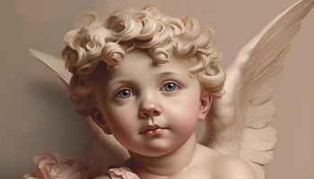 Cute baby girl with curly hair, smiling for fine art portrait generated by AI photo
