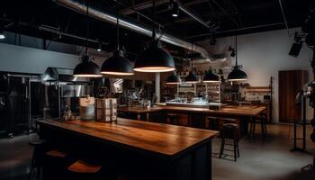 Modern luxury bar with elegant steel and wood design inside generated by AI photo