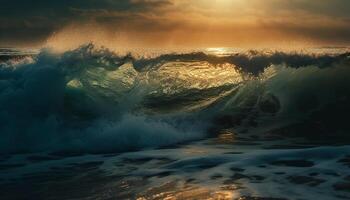 Sunset surfers ride the breaking waves, splashing in awe generated by AI photo