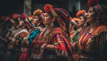 Colorful traditional festival celebrates indigenous cultures with dancing and costumes generated by AI photo