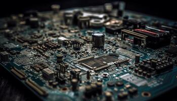 Complex circuit board with blue abstract pattern, powering computer technology generated by AI photo
