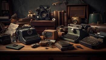 Antique typewriter on rustic desk evokes nostalgia for old fashioned journalism generated by AI photo