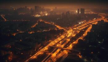 ciudad horizonte brilla con tráfico, rascacielos, y iluminado arquitectura generado por ai foto