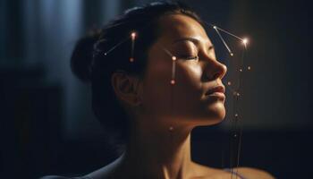 A serene young woman enjoys illuminated contemplation indoors, eyes closed generated by AI photo