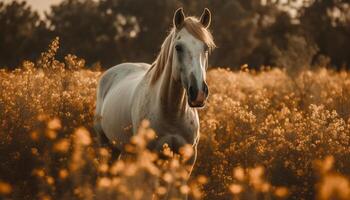 A majestic stallion grazes in a tranquil meadow at dusk generated by AI photo