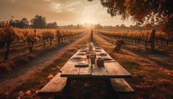 At sunset, enjoy wine and food on rustic outdoor table generated by AI photo