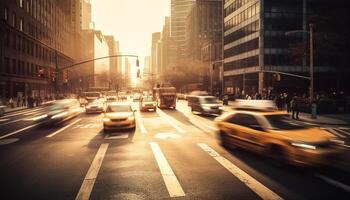 Rush hour traffic blurs city skyline, illuminated by street lights generated by AI photo