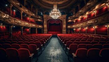 Empty auditorium illuminated by modern lighting equipment, awaiting theatrical performance generated by AI photo