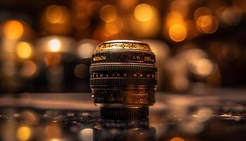 Professional photographer captures illuminated glass with selective focus using SLR camera generated by AI photo