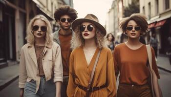 un grupo de de moda joven adultos caminando en el ciudad generado por ai foto