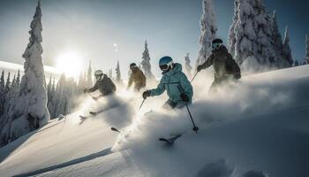 Two men ski down mountain slope, enjoying winter vacation adventure generated by AI photo